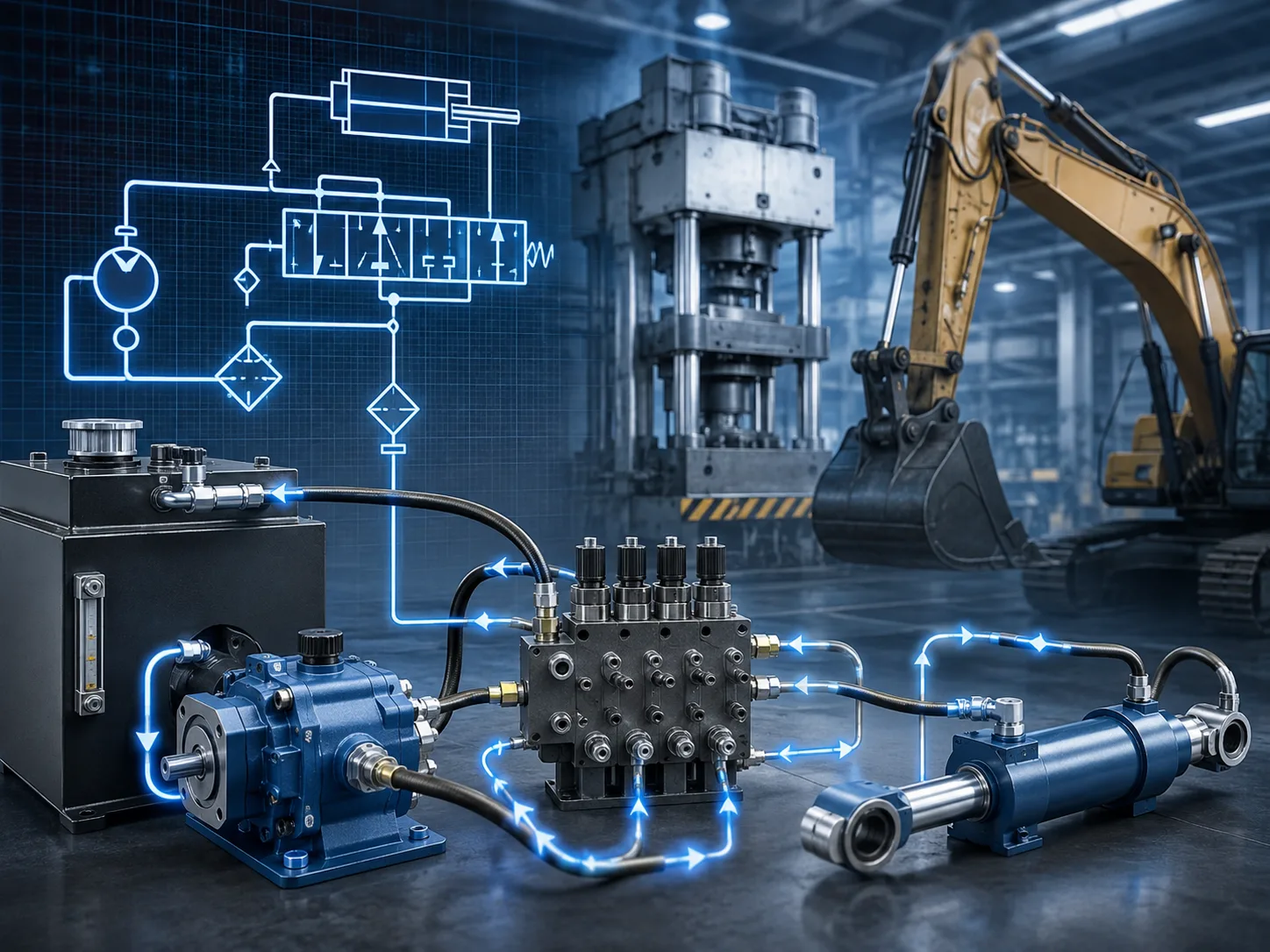 Hydraulic system in industrial workshop